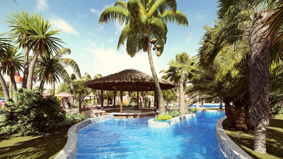 Grote vakantiepark met glazen vermaakpark met waterglijbaan