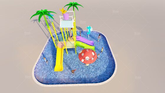 Kleine waterspelstructuur van glasvezel met 3 glijbanen en kantelbak voor kinderen