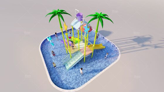 Kleine waterspelstructuur van glasvezel met 3 glijbanen en kantelbak voor kinderen