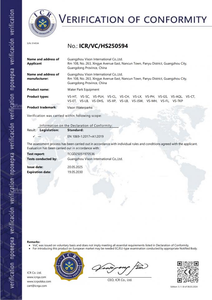 GUANGZHOU VISON INTERNATIONAL WATER PARK EQUIPMENT CO.,LTD Kwaliteitscontrole